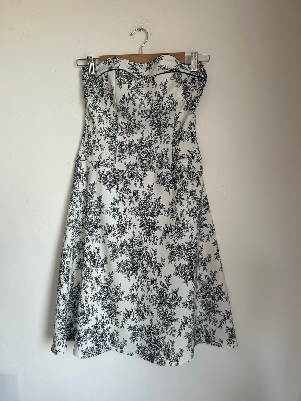 Strapless Black & White Floral A-Line Dress